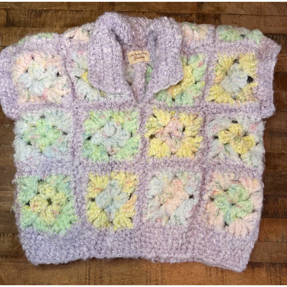 Handmade Crochet Granny Square Vest Kids Pastel Purple Green Yellow Fuzzy Collar